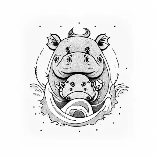 ukiyo baby hippo with a wave backgroup tattoo design idea