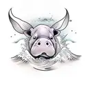 ukiyo baby hippo with a wave backgroup tattoo design idea