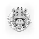 ukiyo baby hippo with a wave backgroup tattoo design idea