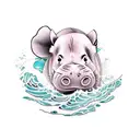ukiyo baby hippo with a wave backgroup tattoo design idea