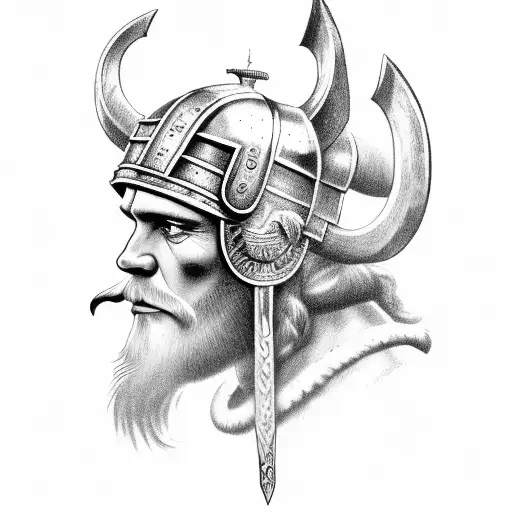 Viking head with helmet in 3rd quarter view tattoo design idea