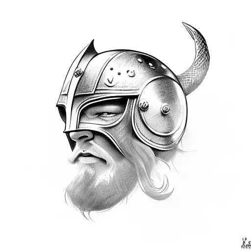 Viking head with helmet in 3rd quarter view tattoo design idea
