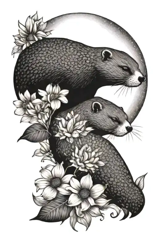 moon sun otter and flowers close up tattoo design idea