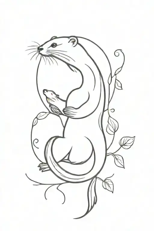 an otter with a moon and climbing plants in a bohemian style tattoo design idea