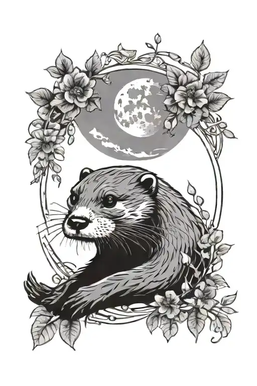 an otter with a moon and climbing plants in a bohemian style tattoo design idea