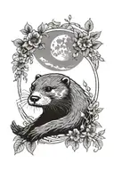 an otter with a moon and climbing plants in a bohemian style tattoo design idea
