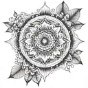 Illustrate a mandala design incorporating elements of nature and spirituality, reflecting a harmonious connection betwee tattoo design idea