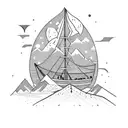 Viking boat with mountains in background with wooded area and animals and Nordic symbols tattoo design idea