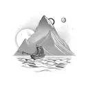 Viking boat with mountains in background with wooded area and animals and Nordic symbols tattoo design idea