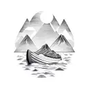 Viking boat with mountains in background with wooded area and animals and Nordic symbols tattoo design idea