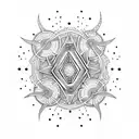 southern Cross surrounded by aboriginal dot art with dragons ans a runic words saying believe in yourself  tattoo design idea