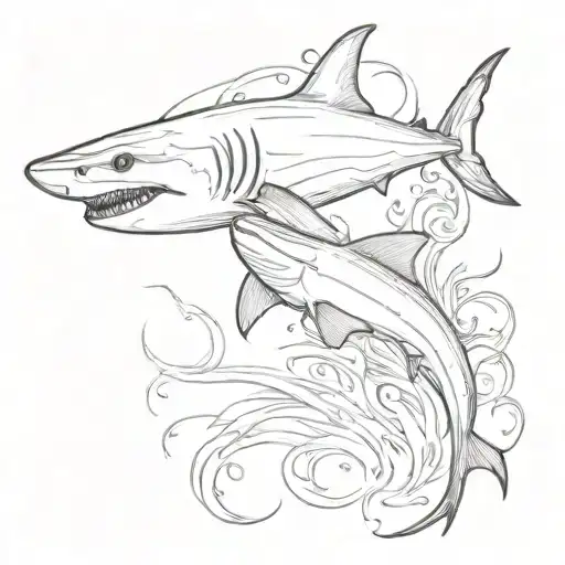 shark swimming, sword surrounded tattoo design idea