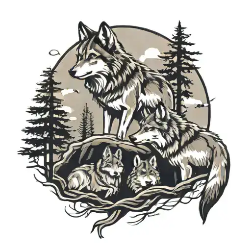 wolf family Father, Son, Daughter , baby on a ridge in forest tattoo design idea