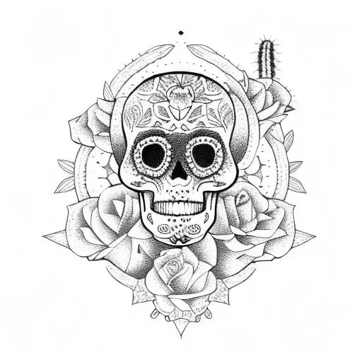 sugar skull and cactus tattoo design idea