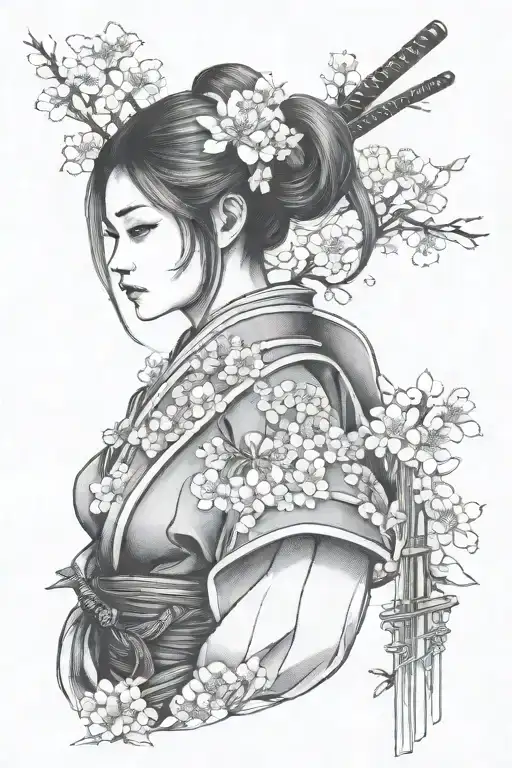 japan girl with sakura and katana and anyone objects tattoo design idea