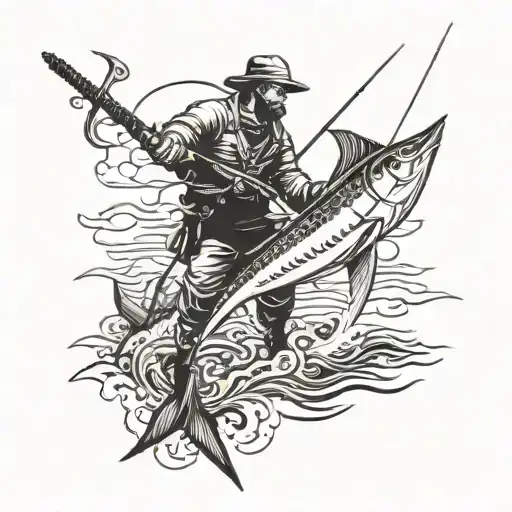 man hunting swordfish with harpoon on the deck tattoo design idea