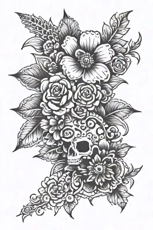 make a cool mexican aztec tribal arm sleeve tatoo. incorperate flowers, please put in lavender flowers too  tattoo design idea