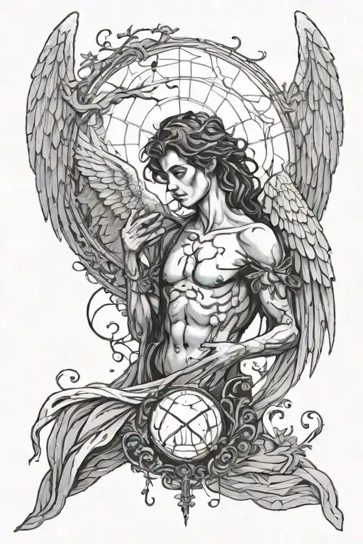 an angel protecting with his wings a broken glass orb that gives off a dark aura with ornaments and a watcher tattoo design idea