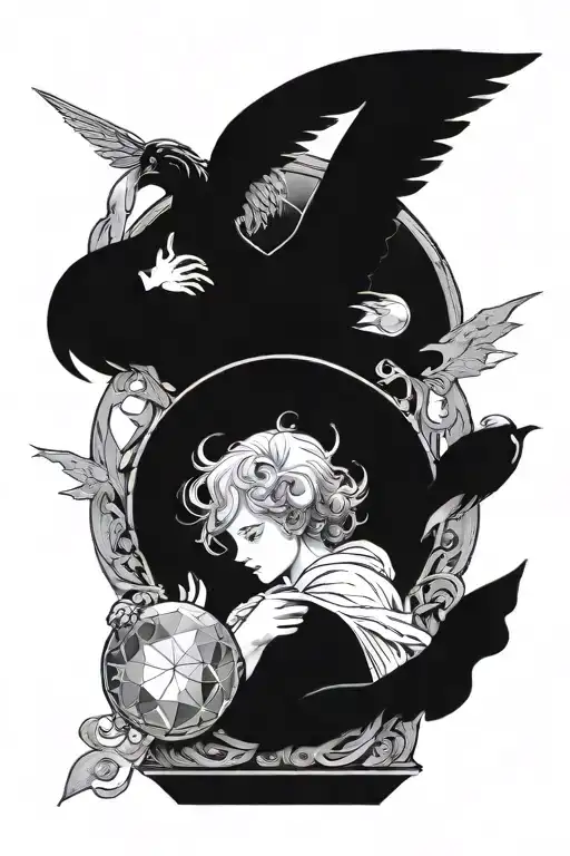 An angel protecting with its wings a broken crystal orb that gives off a dark aura with ornaments and a watchman tattoo design idea