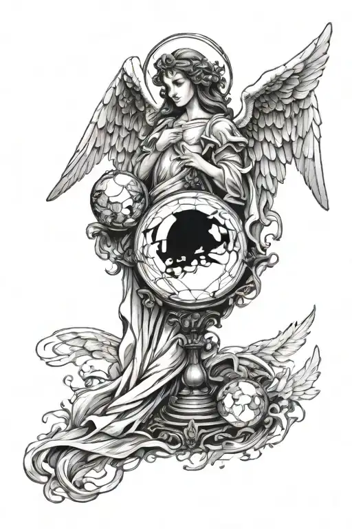 An angel protecting with its wings a broken crystal orb that gives off a dark aura with ornaments and a watchman tattoo design idea