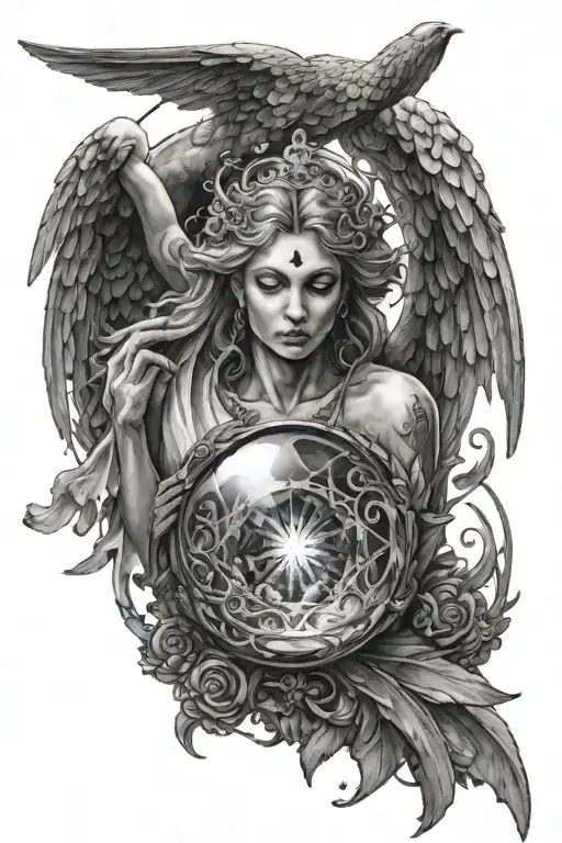 An angel protecting with its wings a broken crystal orb that gives off a dark aura with ornaments and a watchman tattoo design idea
