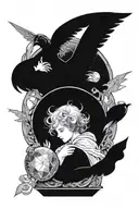 An angel protecting with its wings a broken crystal orb that gives off a dark aura with ornaments and a watchman tattoo design idea