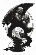 An angel protecting with its wings a broken crystal orb that gives off a dark aura with ornaments and a watchman tattoo design idea