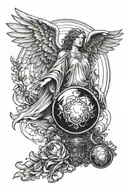 An angel protecting with its wings a broken crystal orb that gives off a dark aura with ornaments and a watchman tattoo design idea