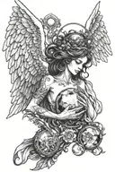 An angel protecting with its wings a broken crystal orb that gives off a dark aura with ornaments and a watchman tattoo design idea