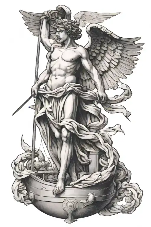 winged victory of samotripsy with headless male body on the bow of a ship tattoo design idea