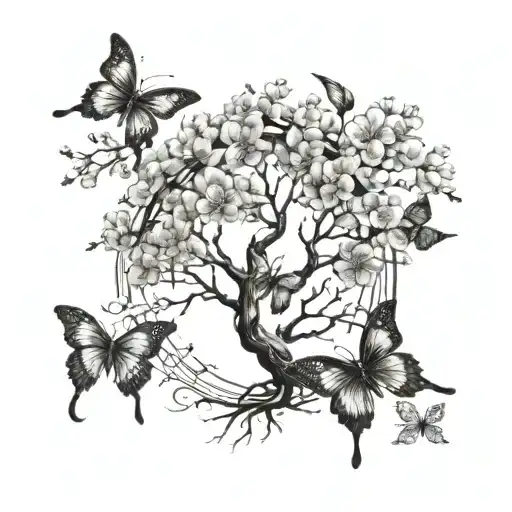 dark narled dna shaped tree cherry blossoms with 3 butterflies tattoo design idea