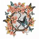 dark dna shaped tree cherry blossoms with 3 butterflies tattoo design idea