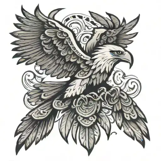 aztec eagle mobbed by crows flying tattoo design idea