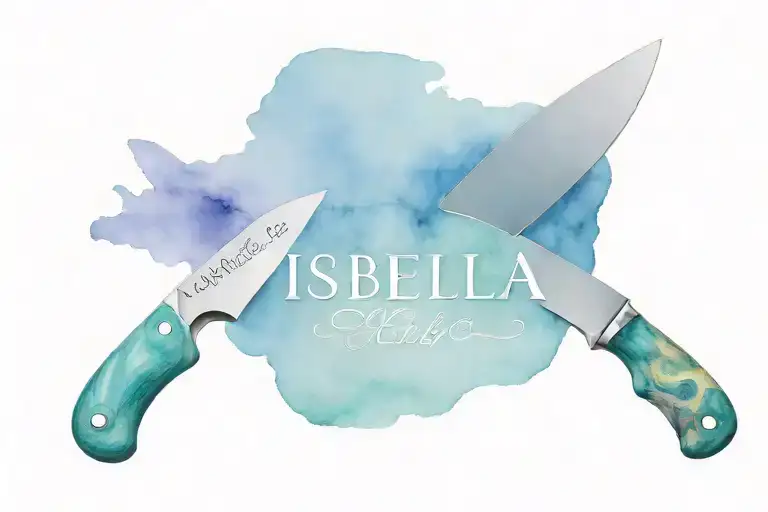 Damascus steel chefs knife with the word Isabella inside it tattoo design idea