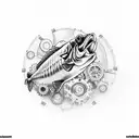 A bass fish swimming through a field of mechanical gears tattoo design idea