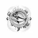 A bass fish swimming through a field of mechanical gears tattoo design idea