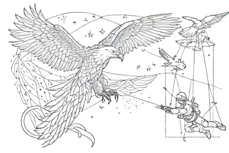 eagle and parachute and Leo constellation and bear paw and orca and rappelling man tattoo design idea