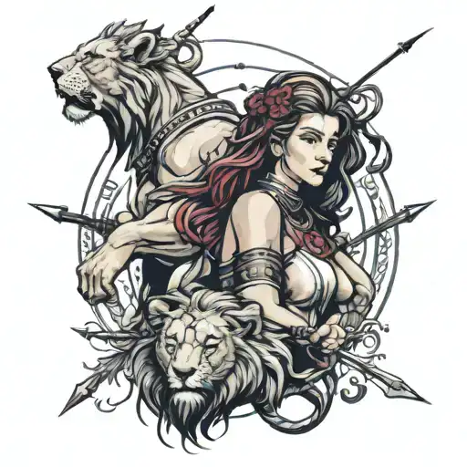 lion and archer woman tattoo design idea