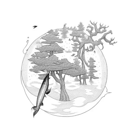 An intricate fishing lure surrounded by elements of nature like trees and water tattoo design idea