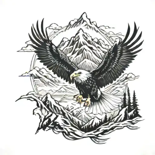 bald eagle soaring and wolf face and mountains tattoo design idea