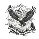 bald eagle soaring and wolf face and mountains tattoo design idea