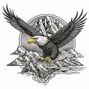 bald eagle soaring and wolf face and mountains tattoo design idea