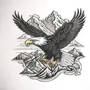 bald eagle soaring and wolf face and mountains tattoo design idea