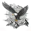 bald eagle soaring and wolf face and mountains tattoo design idea