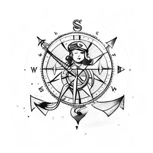 An old school sailor girl figure with a nautical compass and anchor tattoo design idea