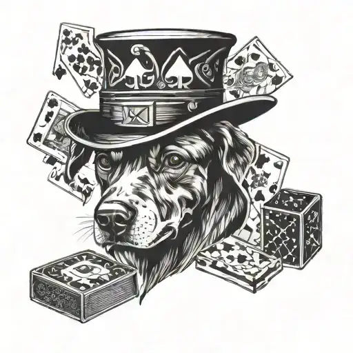 A unique tattoo of a dog wearing a cocktail shaker as a hat, surrounded by playing cards and dice, merging the client's favorite things with their interests in drinking and gambling tattoo design idea