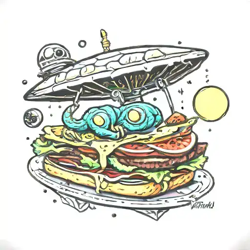alien abduction spaceship turkey sandwich  tattoo design idea