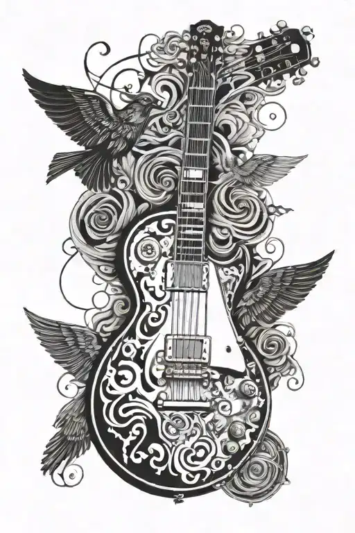 2d Les Paul guitar dissolving into bird shapes in black and white  tattoo design idea