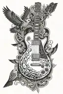2d Les Paul guitar dissolving into bird shapes in black and white  tattoo design idea