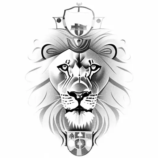 A detailed portrait of a lion wearing the Sport Recife shield and the trophies from the 1987 Brazilian championship and 2008 with the Brazilian Cup title as a crown tattoo design idea